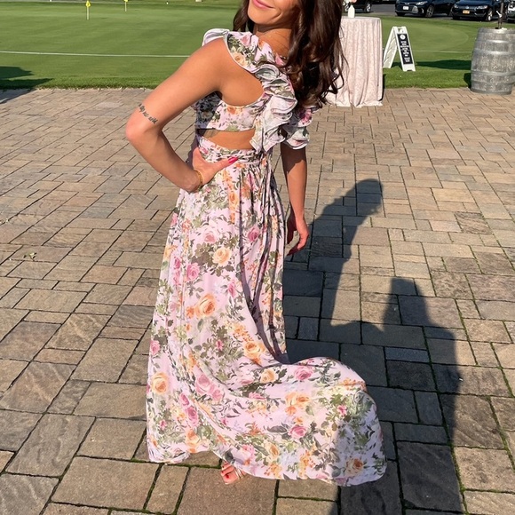 Belle Floral Print Sweetheart Neck Lace Up Backless Ruffle Trim Dress - Picture 8 of 8